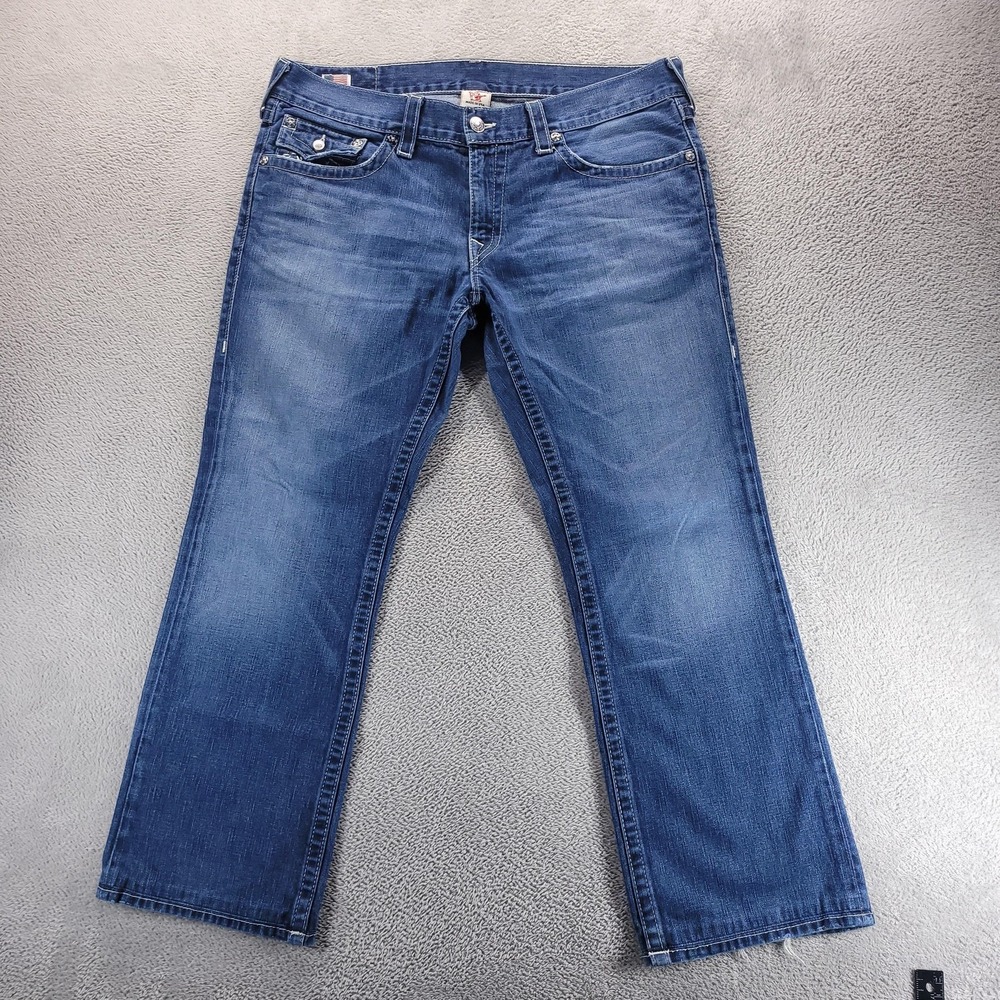 True Religion Jeans Mens 38x30 Blue Ricky Relaxed Straight Flap Pockets Skull